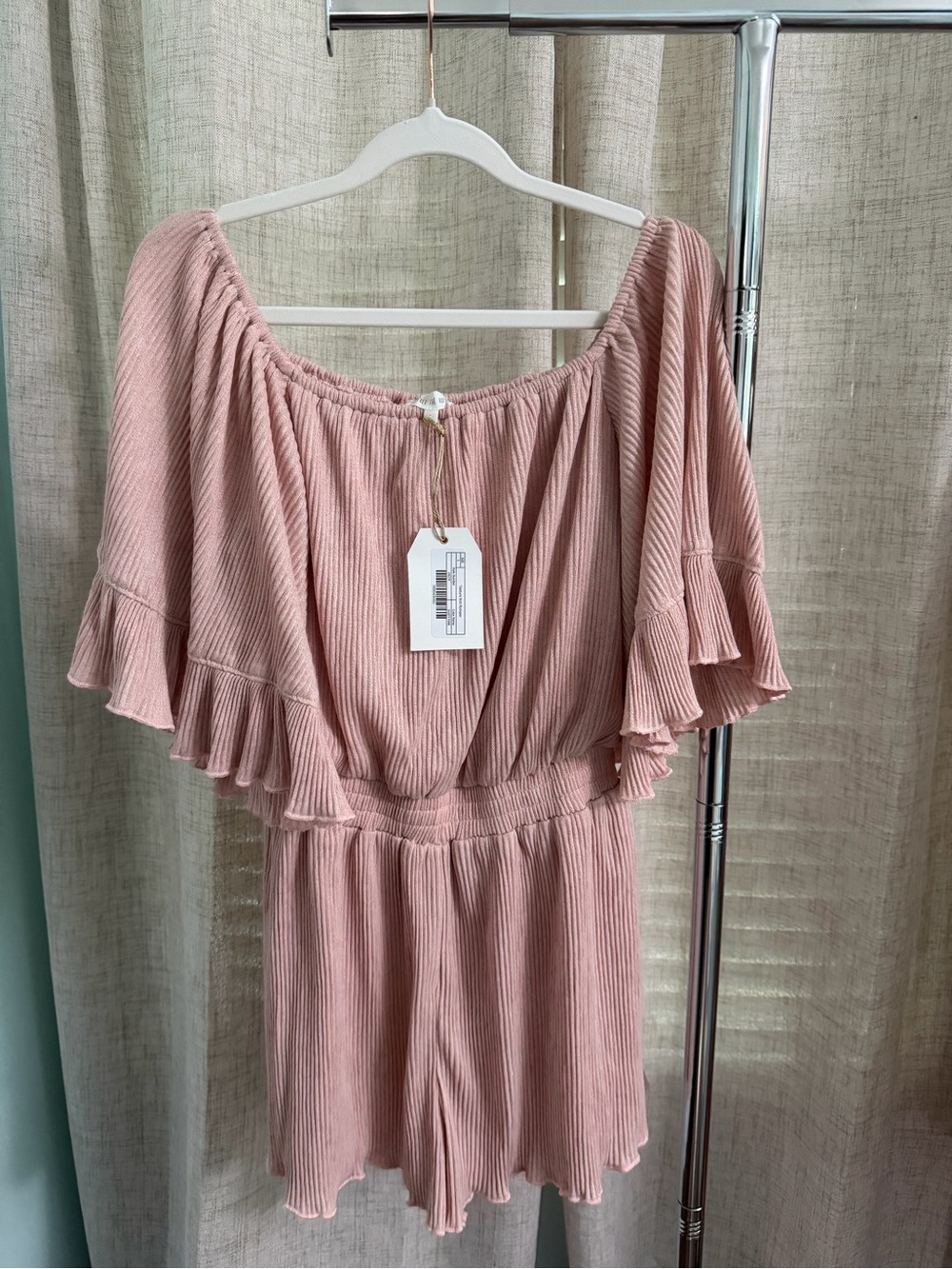 Free the Roses Textured Knit Pink Ribbed Off-Shoulder Romper